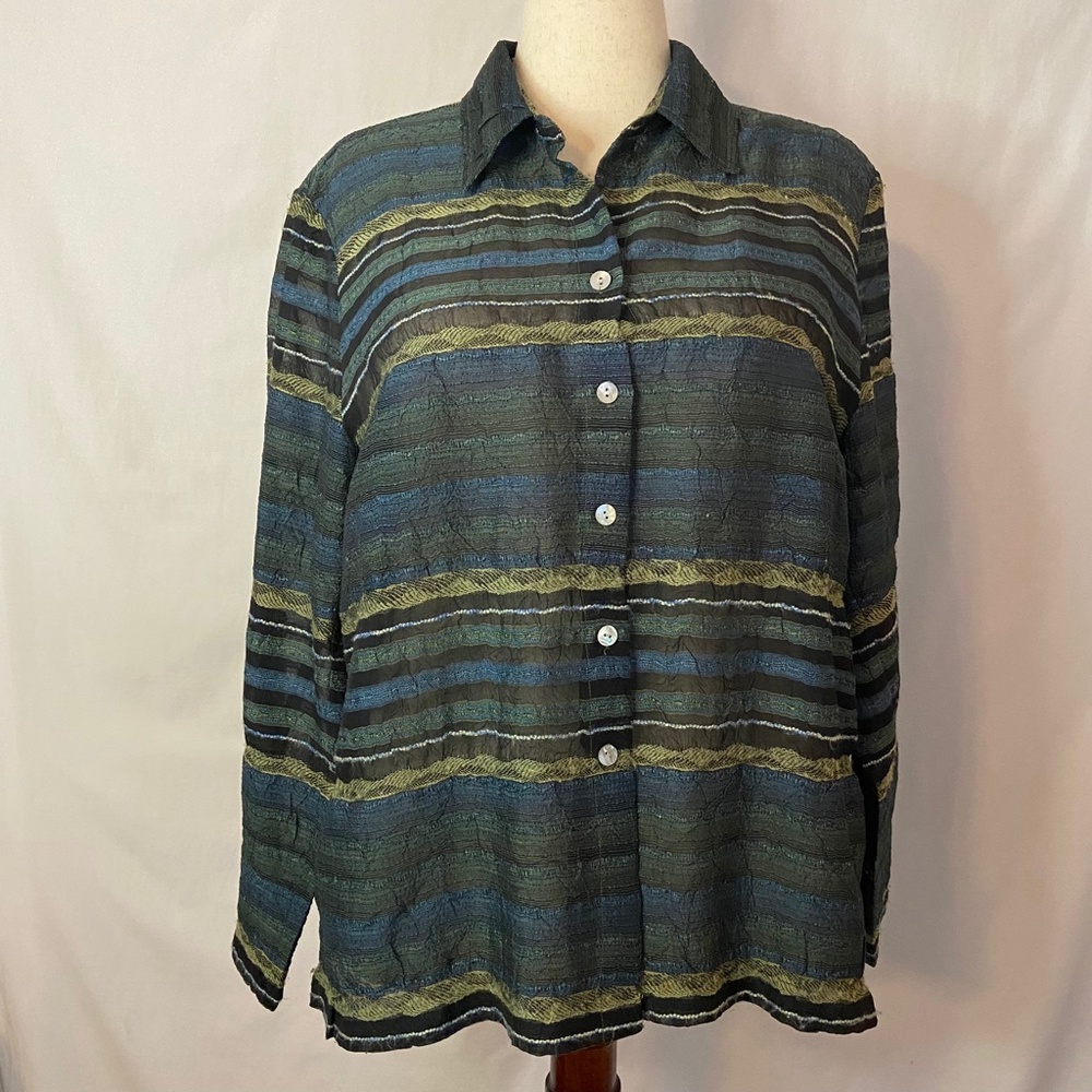 Coldwater Creek Textured Green Black and Gold Striped Lightweight Jacket PXL